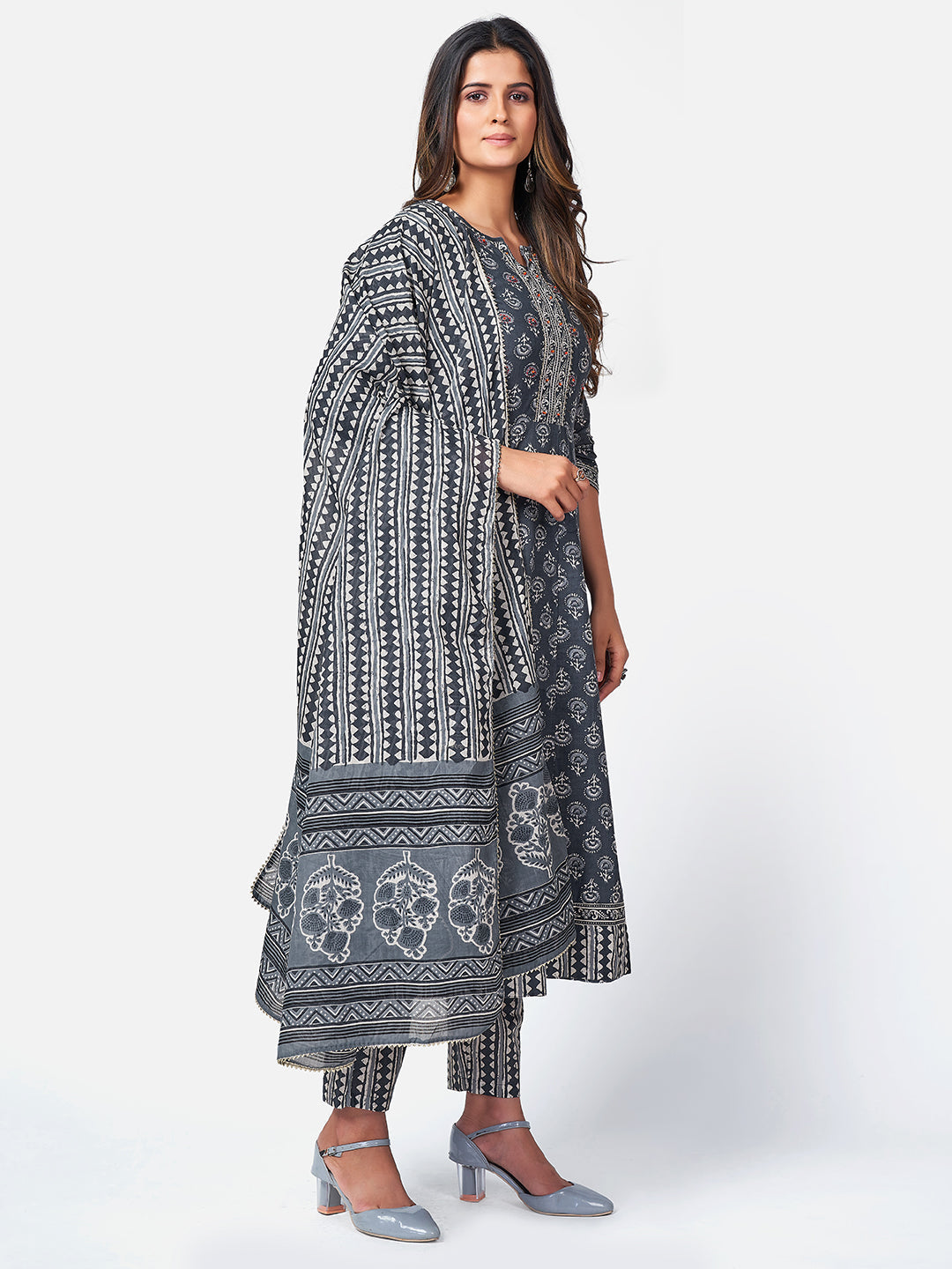 NOZ2TOZ Women Dark Grey Anarkali Cotton Kurta with Pant & Dupatta (3pcs Set) - Swadesiicart