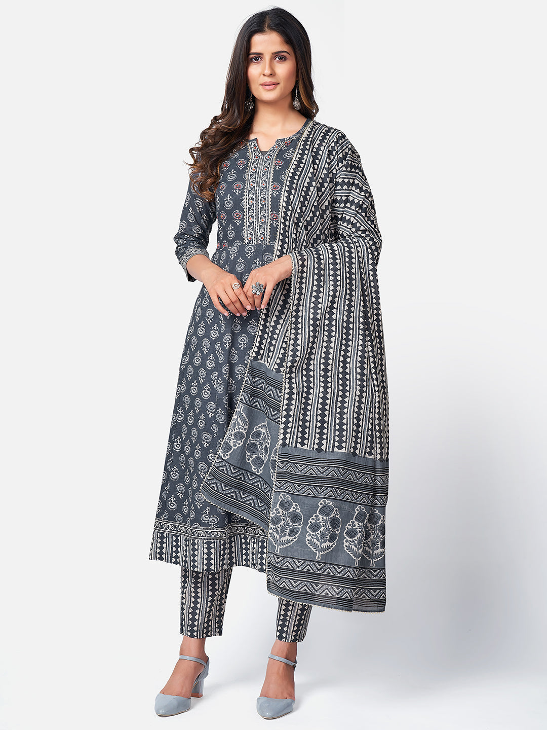 NOZ2TOZ Women Dark Grey Anarkali Cotton Kurta with Pant & Dupatta (3pcs Set) - Noz2Toz