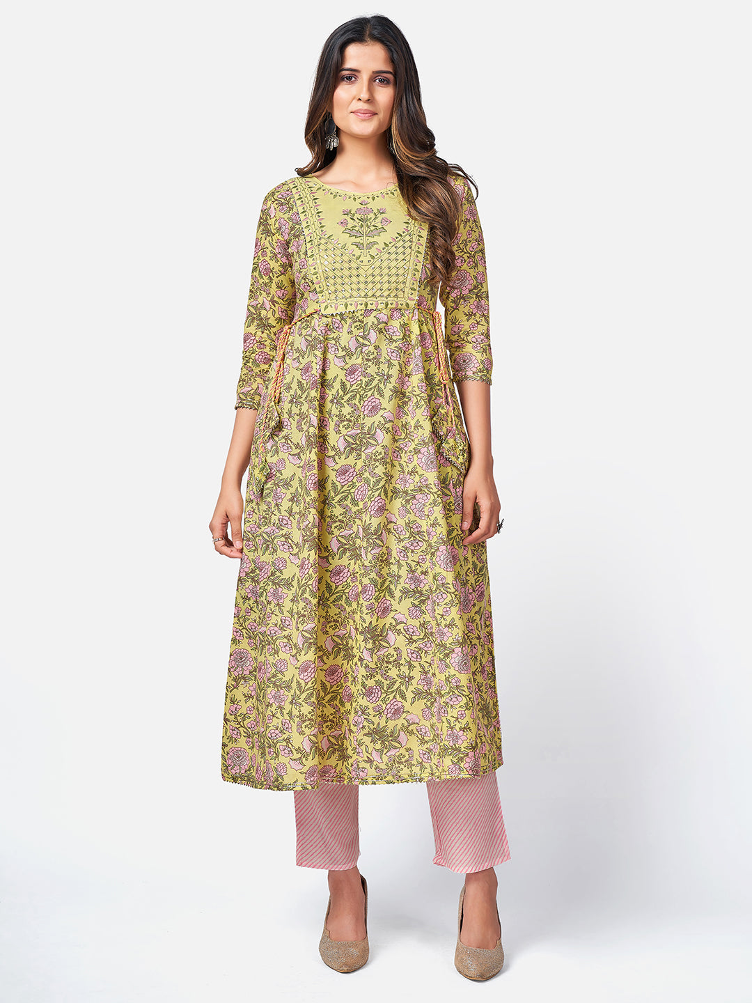 NOZ2TOZ Women Yellow Anarkali Cotton Kurta With Pant & Dupatta (3pcs Set) - Swadesiicart