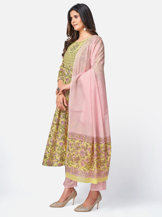 NOZ2TOZ Women Yellow Anarkali Cotton Kurta With Pant & Dupatta (3pcs Set) - Swadesiicart