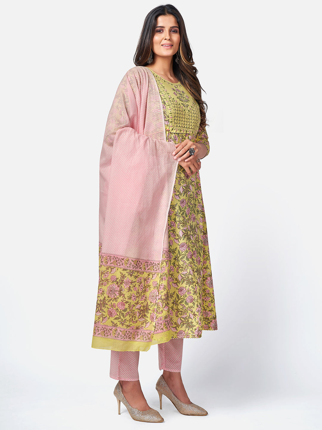 NOZ2TOZ Women Yellow Anarkali Cotton Kurta With Pant & Dupatta (3pcs Set) - Swadesiicart