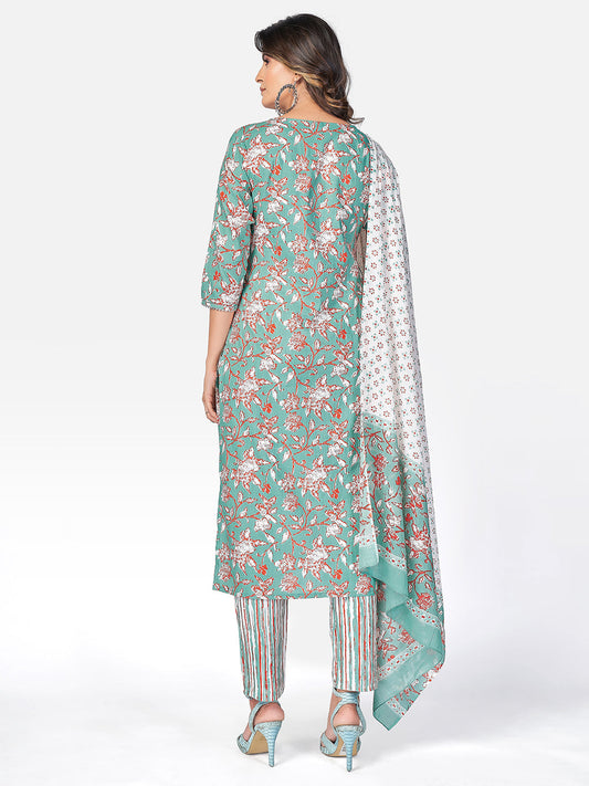 NOZ2TOZ Women Sea Green Cotton Kurta with Pant & Dupatta (3pcs Set) - Swadesiicart