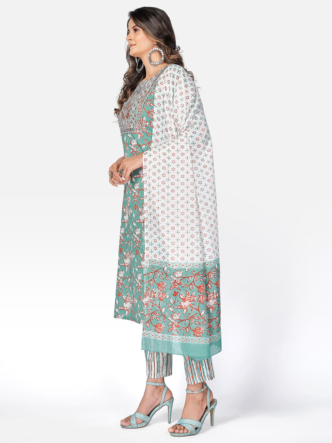 NOZ2TOZ Women Sea Green Cotton Kurta with Pant & Dupatta (3pcs Set) - Swadesiicart