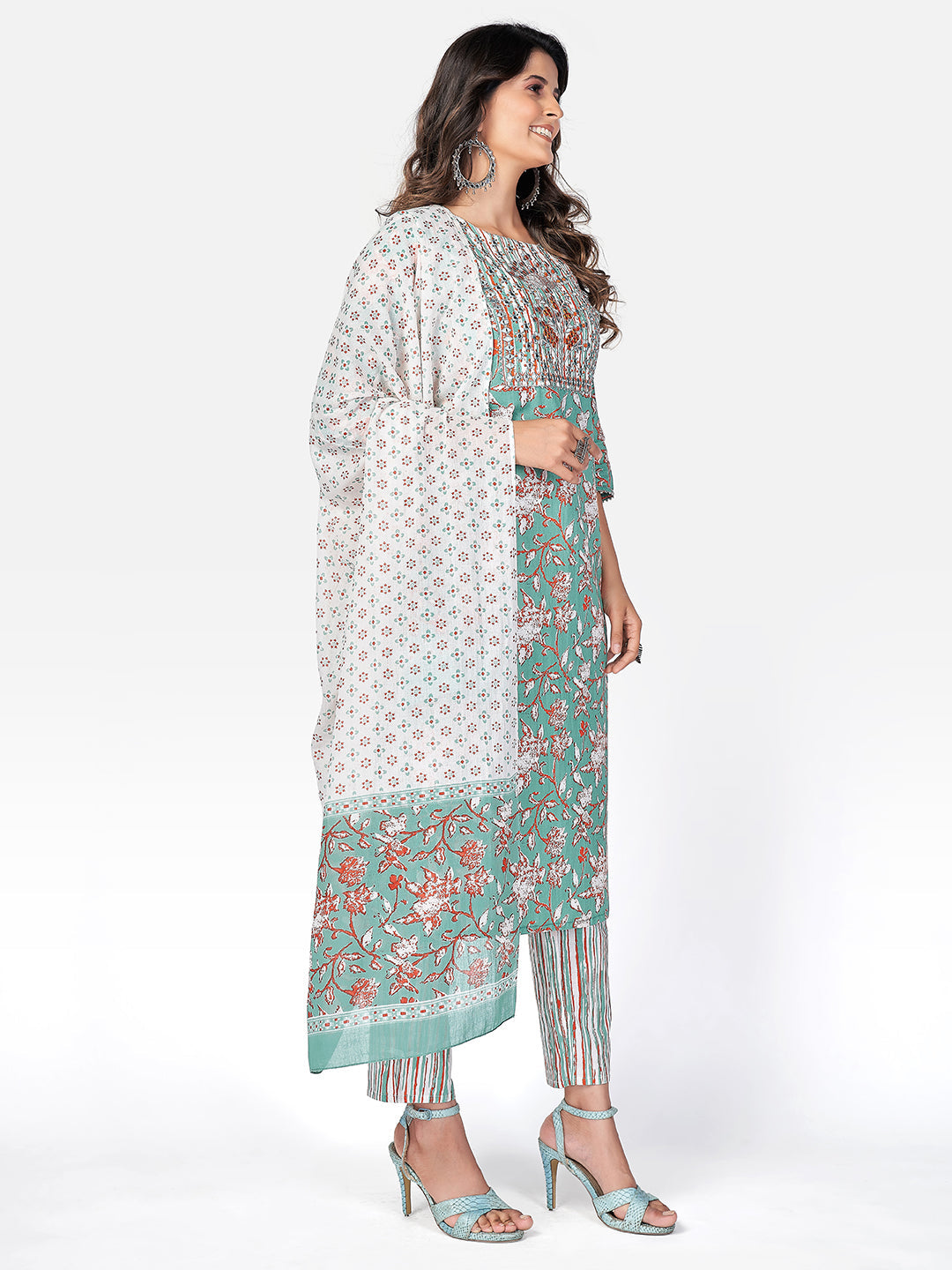 NOZ2TOZ Women Sea Green Cotton Kurta with Pant & Dupatta (3pcs Set) - Swadesiicart