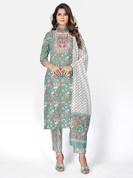NOZ2TOZ Women Sea Green Cotton Kurta with Pant & Dupatta (3pcs Set) - Noz2Toz