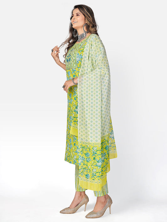 NOZ2TOZ Women Lime Green Cotton Kurta with Pant & Dupatta (3pcs Set - Swadesiicart