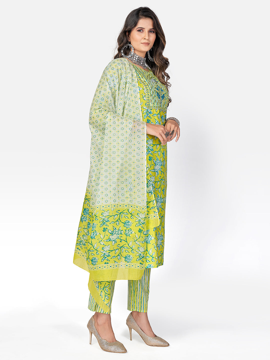 NOZ2TOZ Women Lime Green Cotton Kurta with Pant & Dupatta (3pcs Set - Swadesiicart