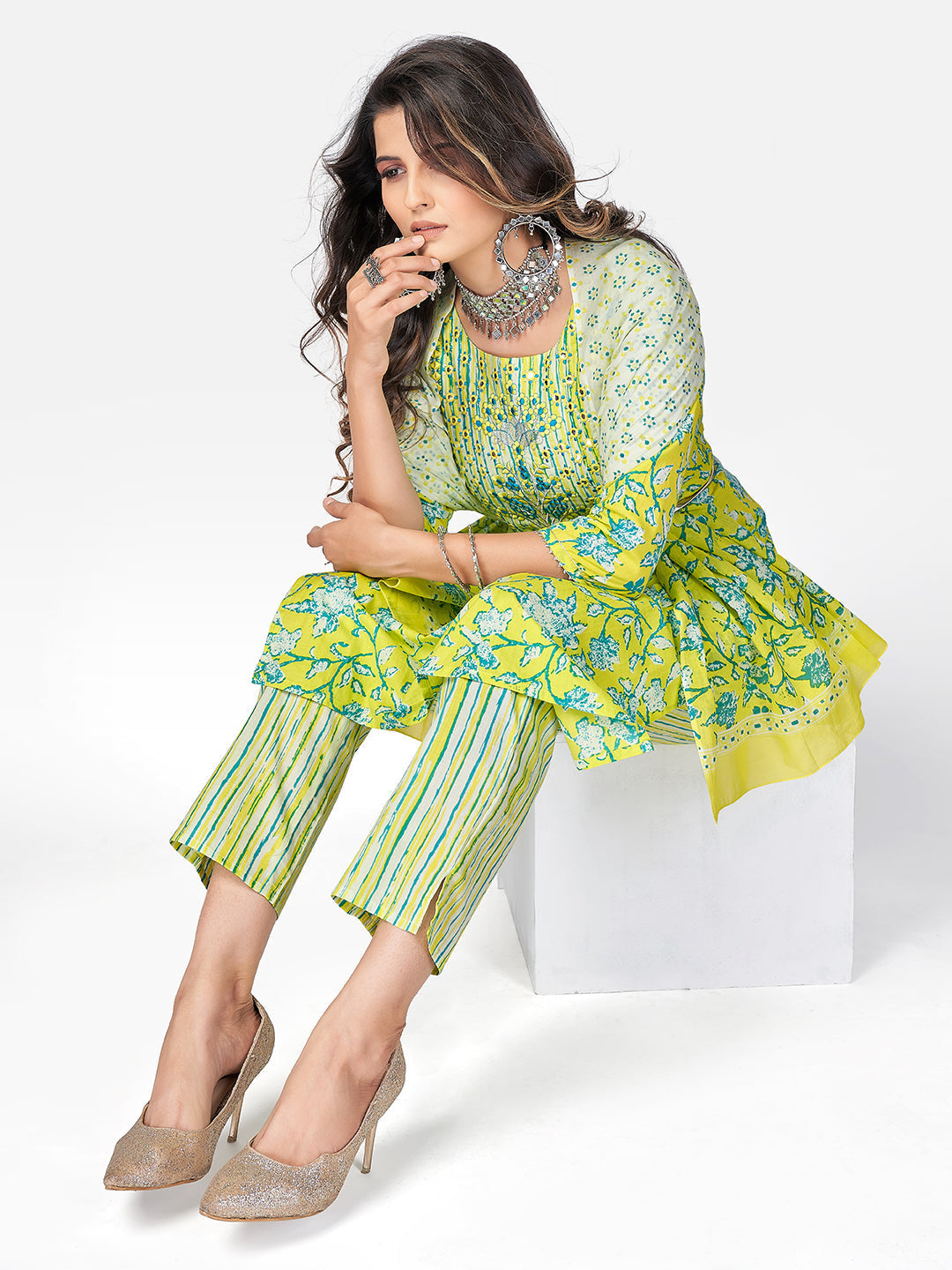 NOZ2TOZ Women Lime Green Cotton Kurta with Pant & Dupatta (3pcs Set - Swadesiicart