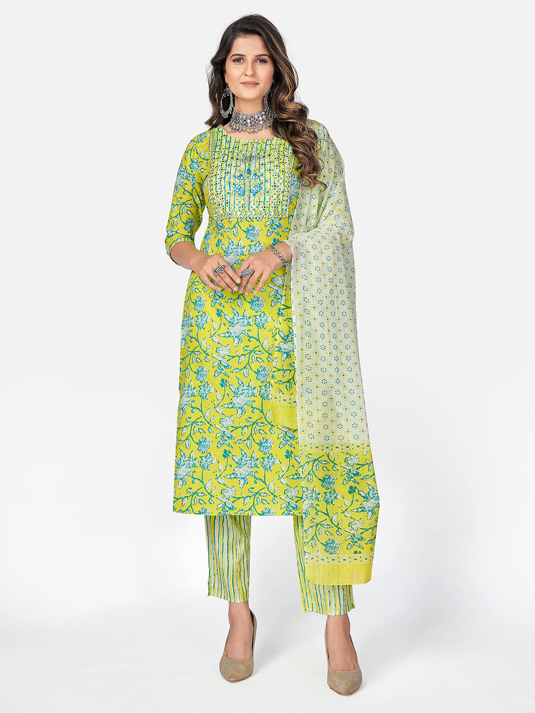 NOZ2TOZ Women Lime Green Cotton Kurta with Pant & Dupatta (3pcs Set - Noz2Toz