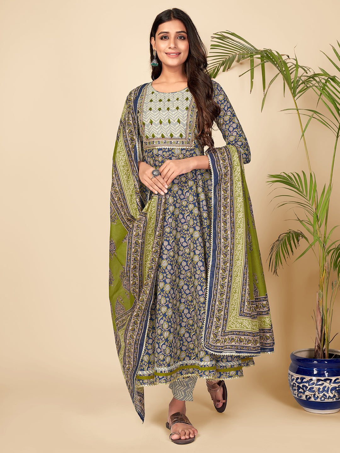 NOZ2TOZ Women Blue Anarkali Cotton Kurta with Pant & Dupatta (3pcs Set) - Noz2Toz