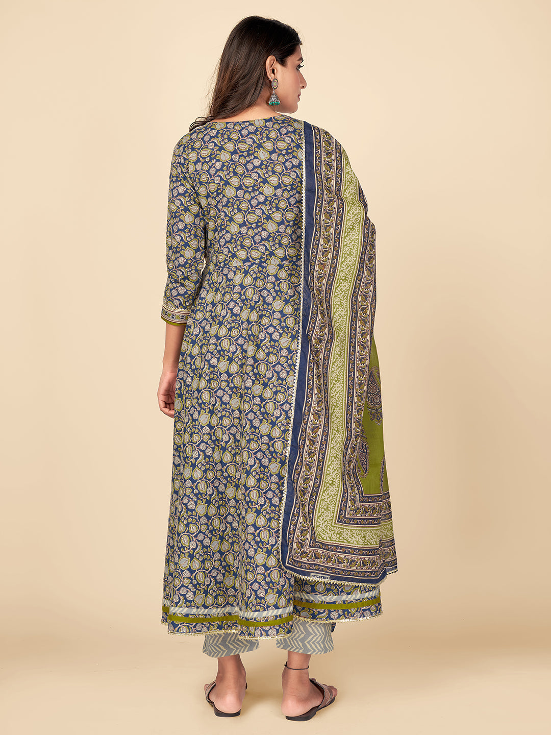 NOZ2TOZ Women Blue Anarkali Cotton Kurta with Pant & Dupatta (3pcs Set) - Swadesiicart