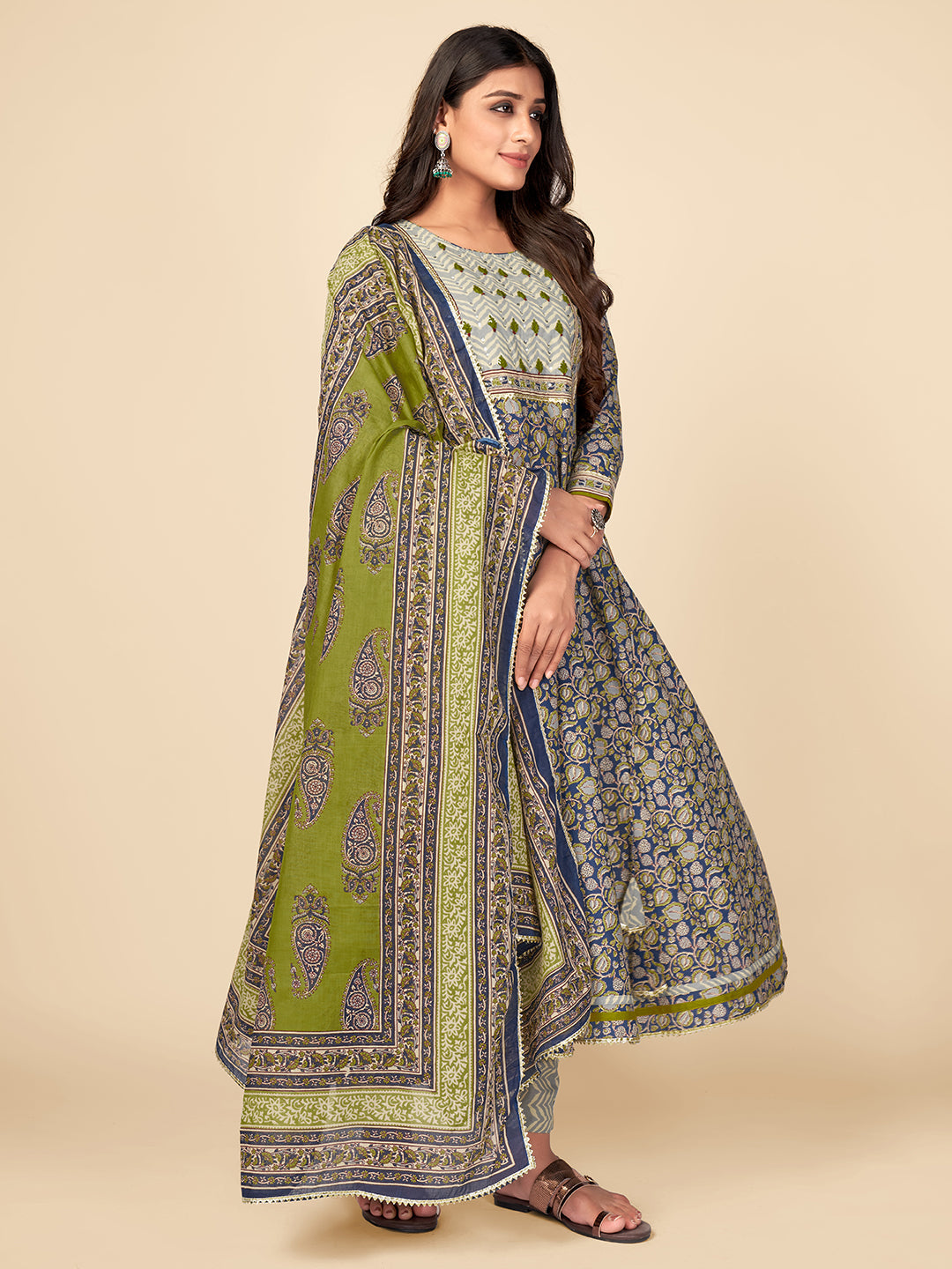 NOZ2TOZ Women Blue Anarkali Cotton Kurta with Pant & Dupatta (3pcs Set) - Swadesiicart
