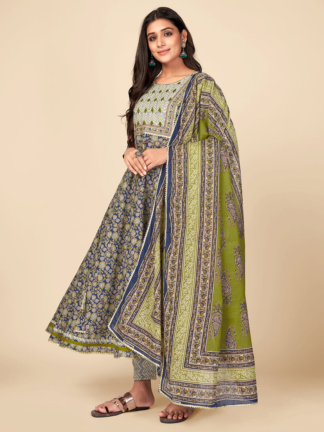 NOZ2TOZ Women Blue Anarkali Cotton Kurta with Pant & Dupatta (3pcs Set) - Swadesiicart