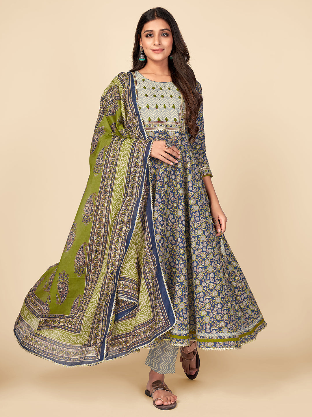 NOZ2TOZ Women Blue Anarkali Cotton Kurta with Pant & Dupatta (3pcs Set) - Swadesiicart