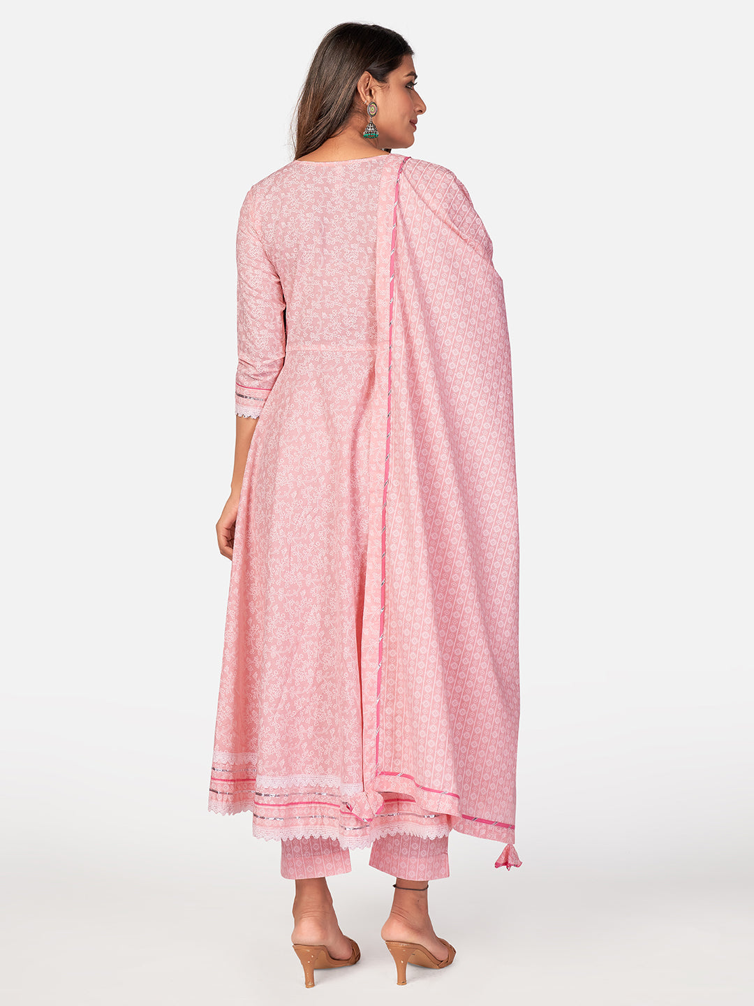 NOZ2TOZ Women Baby Pink Cotton Anarkali Kurta With Pant & Dupatta (3pcs Set) - Swadesiicart