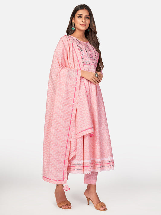 NOZ2TOZ Women Baby Pink Cotton Anarkali Kurta With Pant & Dupatta (3pcs Set) - Swadesiicart
