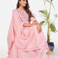 NOZ2TOZ Women Baby Pink Cotton Anarkali Kurta With Pant & Dupatta (3pcs Set) - Noz2Toz