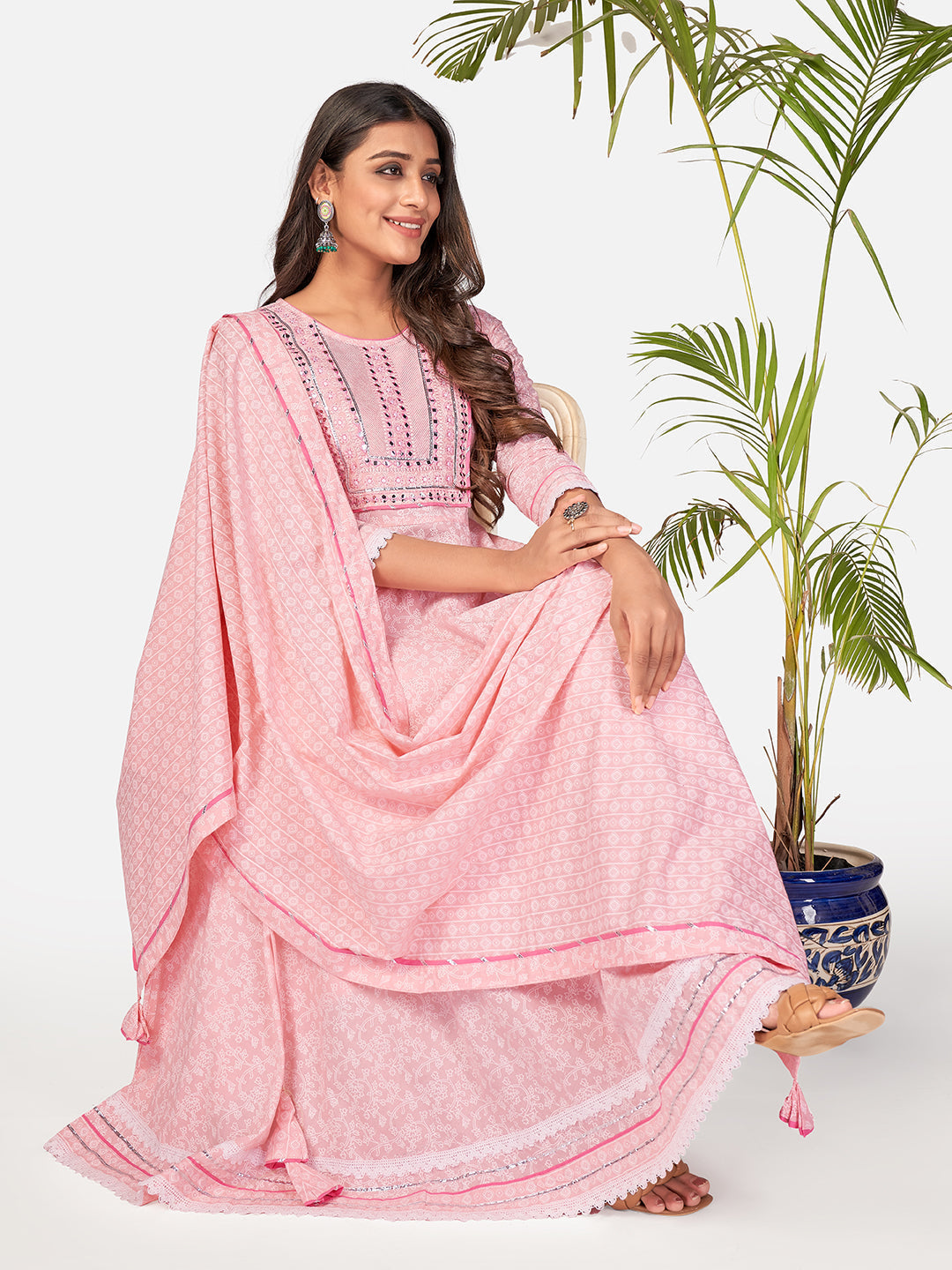 NOZ2TOZ Women Baby Pink Cotton Anarkali Kurta With Pant & Dupatta (3pcs Set) - Noz2Toz