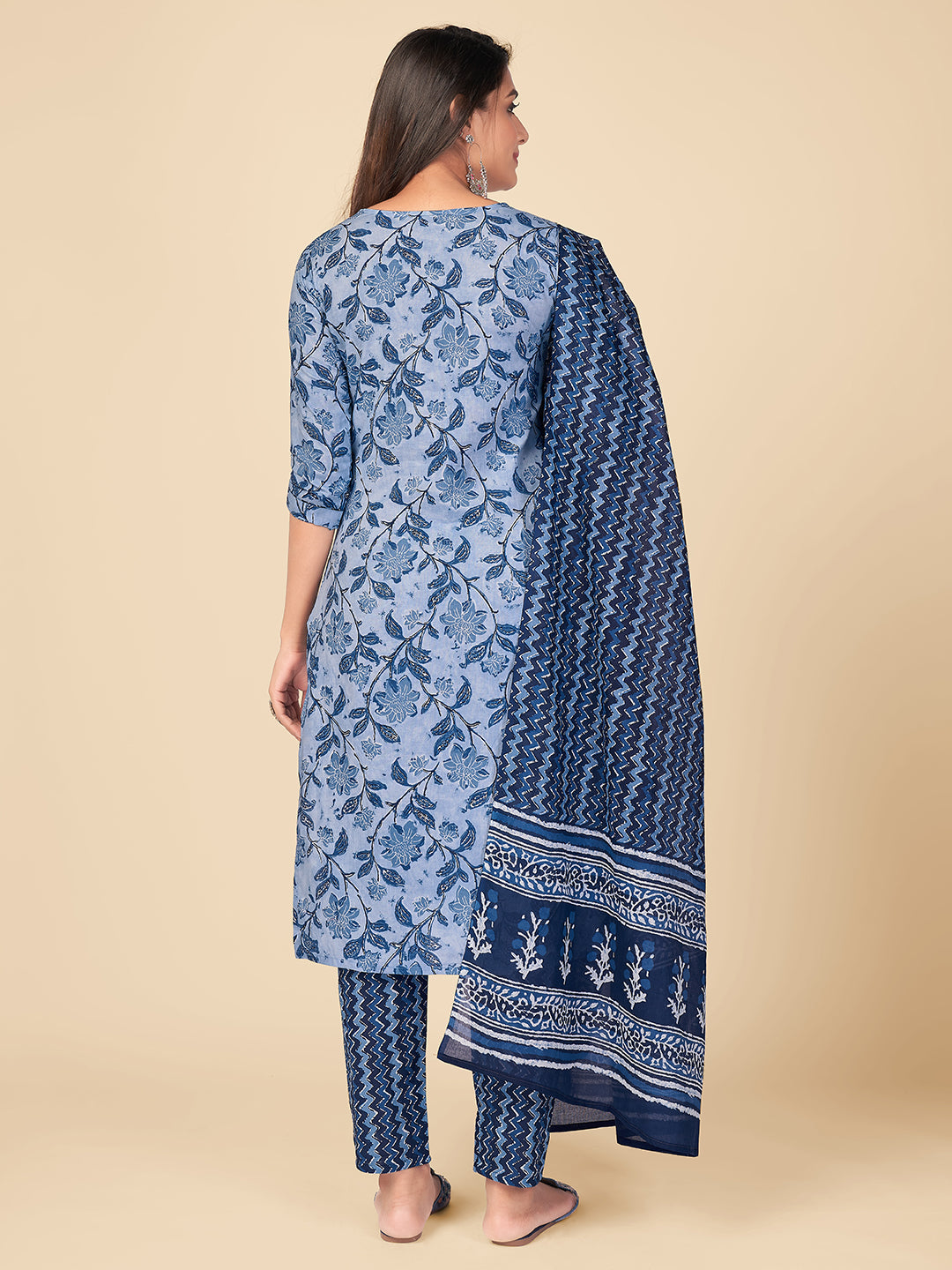 NOZ2TOZ Women Blue Cotton Kurta With Pant & Dupatta (3pcs Set) - Swadesiicart