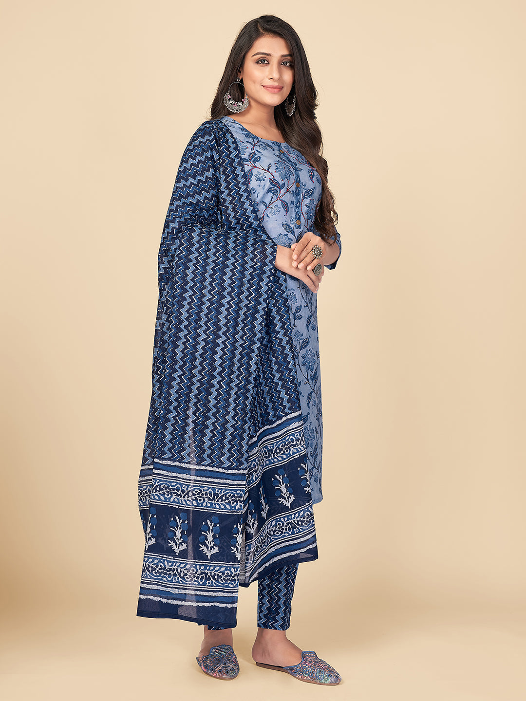 NOZ2TOZ Women Blue Cotton Kurta With Pant & Dupatta (3pcs Set) - Swadesiicart