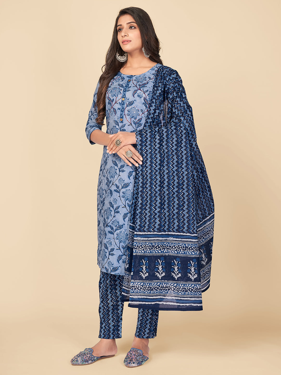 NOZ2TOZ Women Blue Cotton Kurta With Pant & Dupatta (3pcs Set) - Swadesiicart