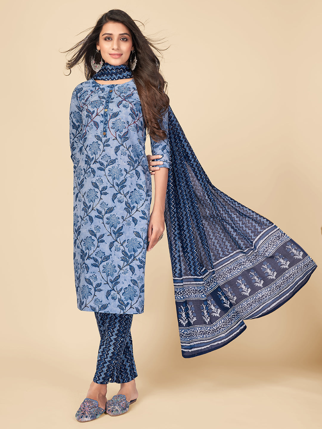 NOZ2TOZ Women Blue Cotton Kurta With Pant & Dupatta (3pcs Set) - Noz2Toz