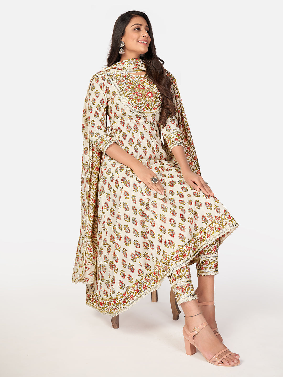 NOZ2TOZ Women Beige Anarkali Cotton Kurta with Pant & Dupatta (3pcs Set) - Swadesiicart