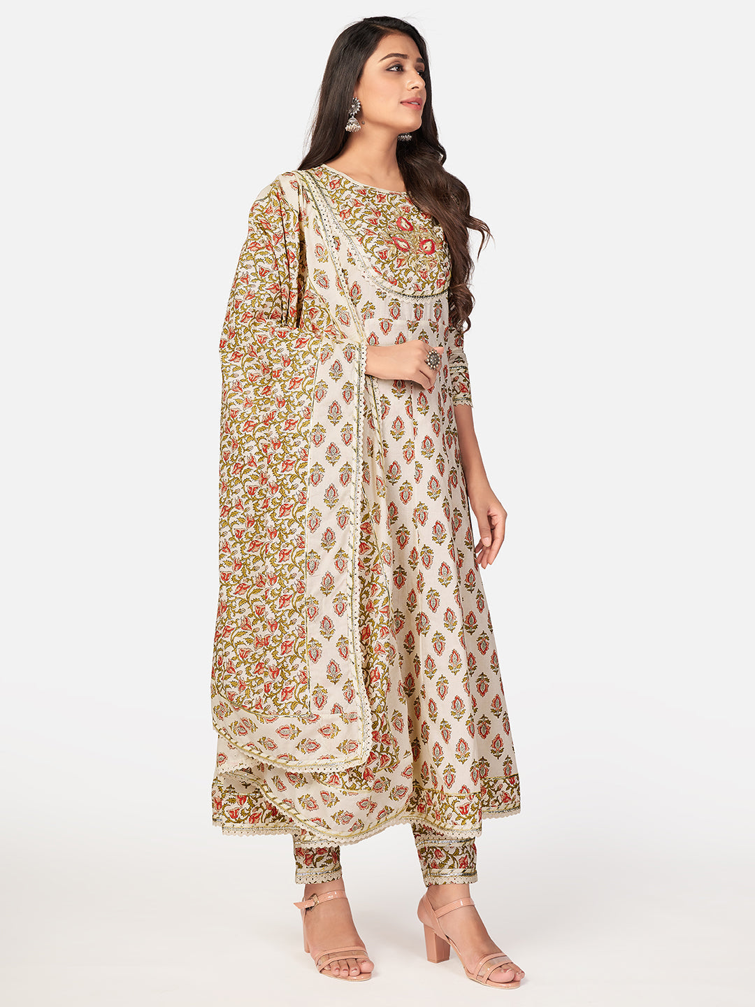 NOZ2TOZ Women Beige Anarkali Cotton Kurta with Pant & Dupatta (3pcs Set) - Swadesiicart