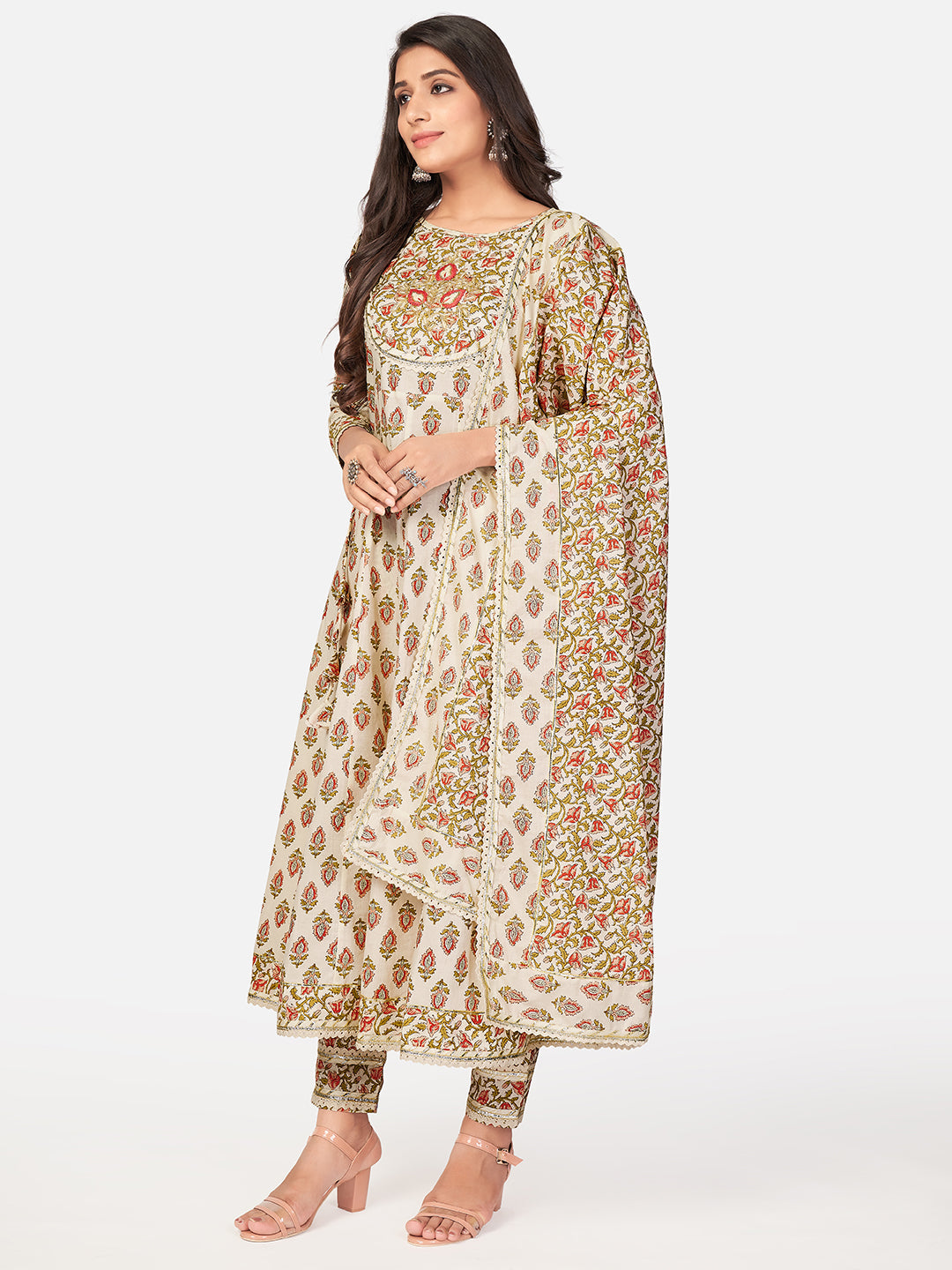 NOZ2TOZ Women Beige Anarkali Cotton Kurta with Pant & Dupatta (3pcs Set) - Swadesiicart