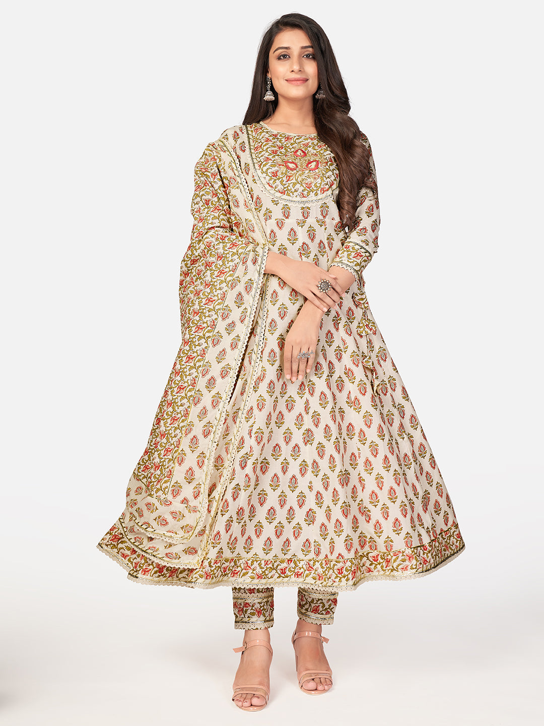 NOZ2TOZ Women Beige Anarkali Cotton Kurta with Pant & Dupatta (3pcs Set) - Noz2Toz