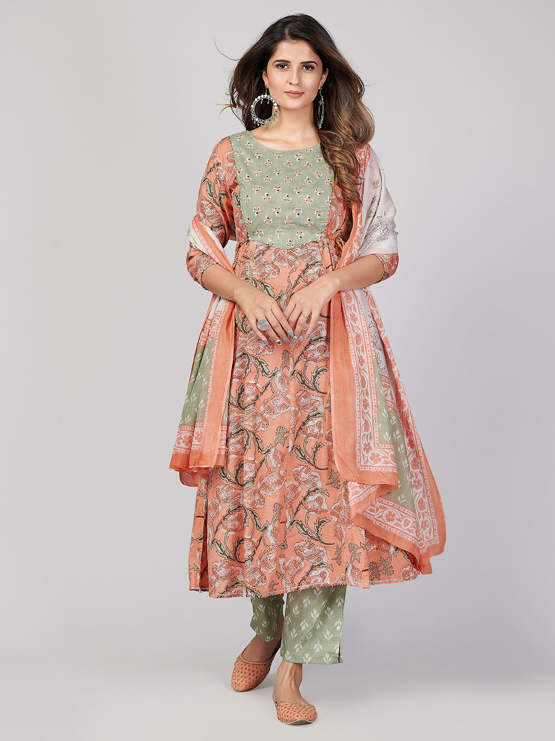 NOZ2TOZ Women's Peach Anarkali Kurta & Pant With Dupatta- (3pcs set) - Swadesiicart