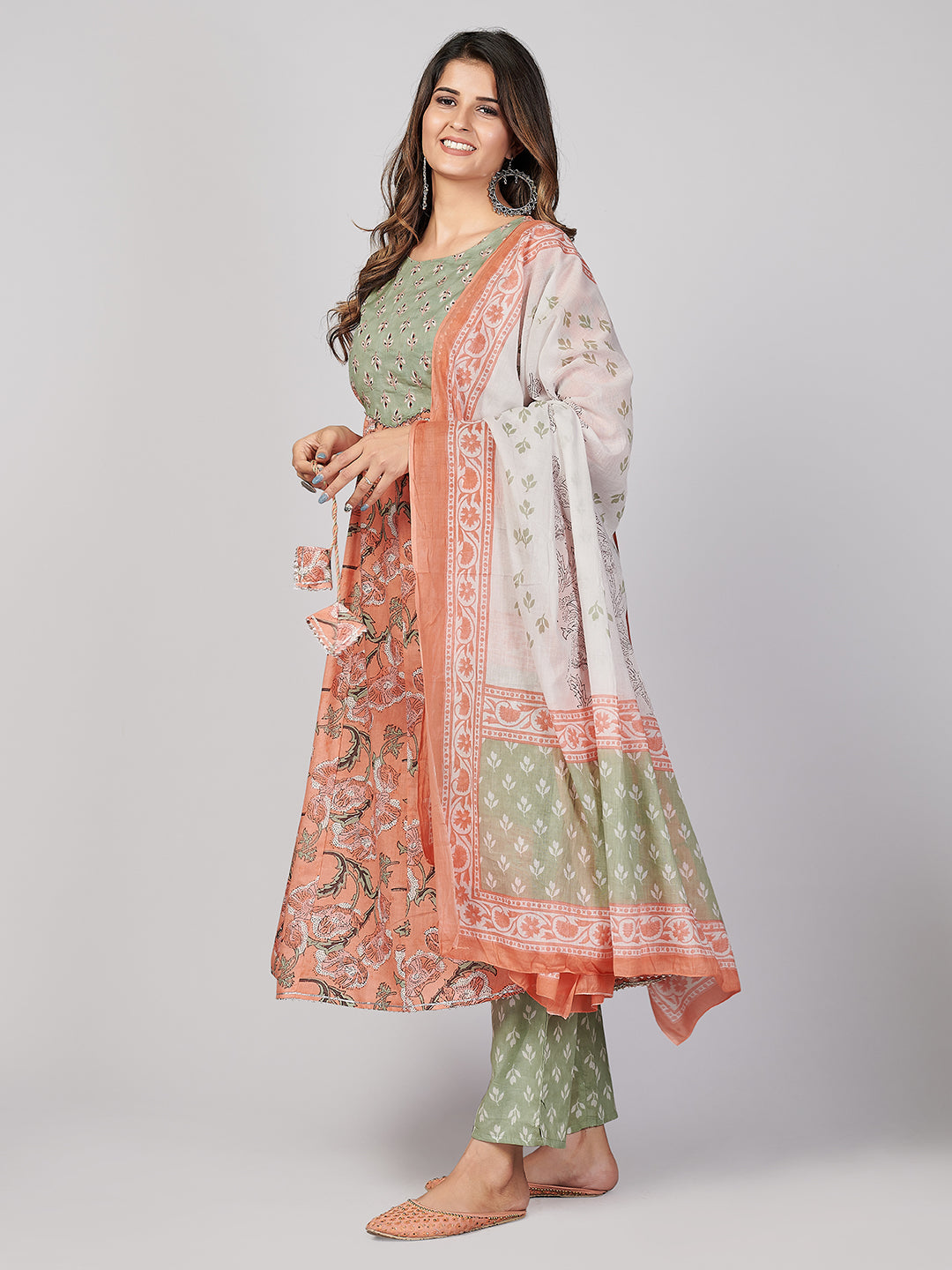 NOZ2TOZ Women's Peach Anarkali Kurta & Pant With Dupatta- (3pcs set) - Swadesiicart
