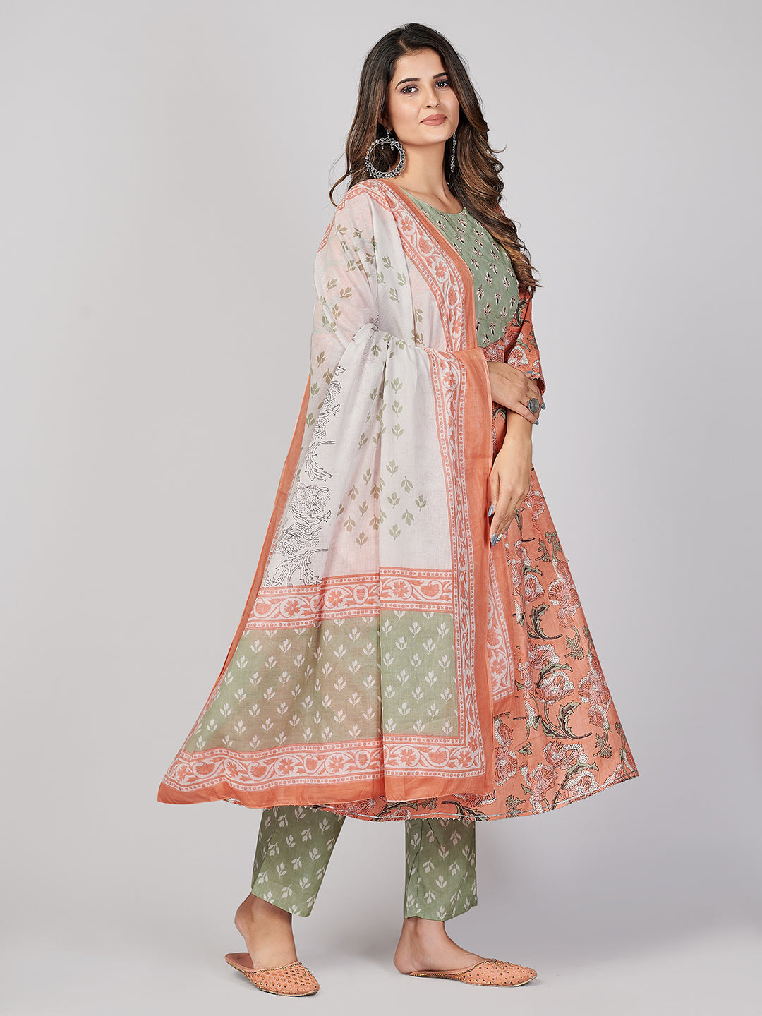 NOZ2TOZ Women's Peach Anarkali Kurta & Pant With Dupatta- (3pcs set) - Swadesiicart