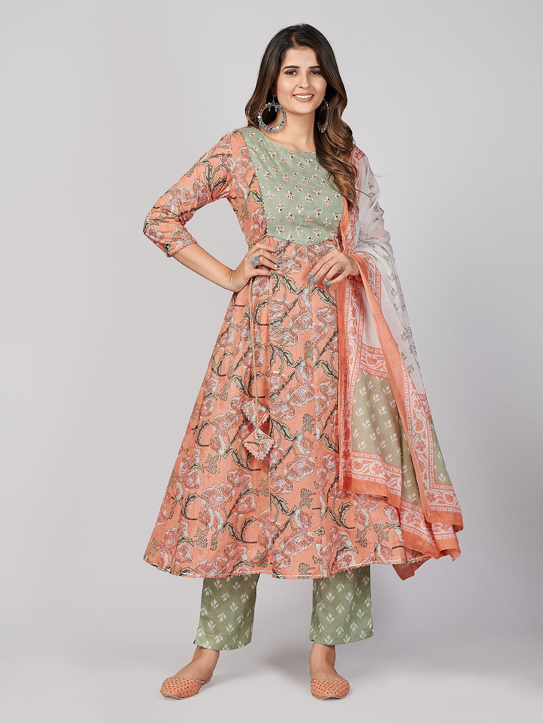 NOZ2TOZ Women's Peach Anarkali Kurta & Pant With Dupatta- (3pcs set) - Noz2Toz
