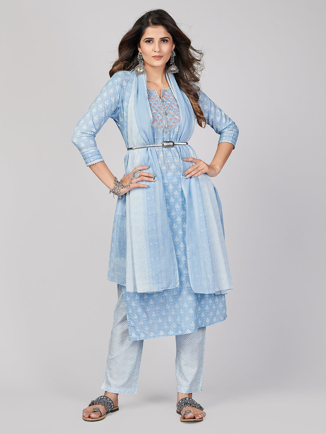 NOZ2TOZ Women's Sky Blue Kurta-Pant With Dupatta set- (3pcs set) - Swadesiicart