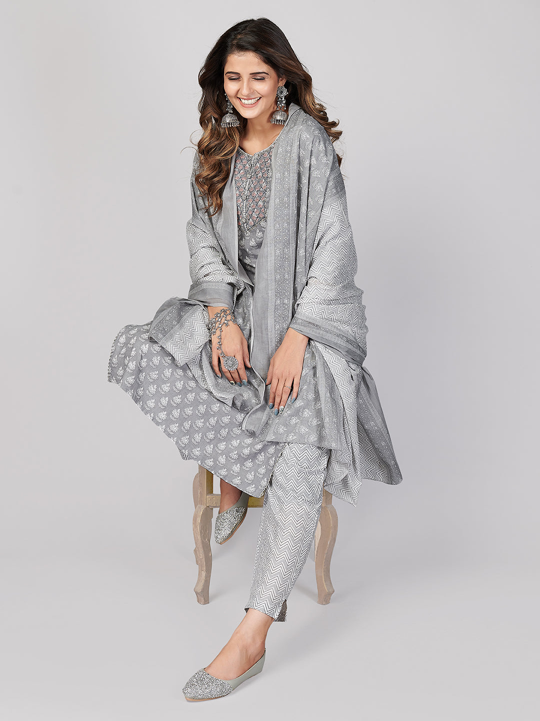 NOZ2TOZ Women's Printed & Embroidered Straight Cotton Grey Stitched Kurta Pant With Dupatta - Swadesiicart