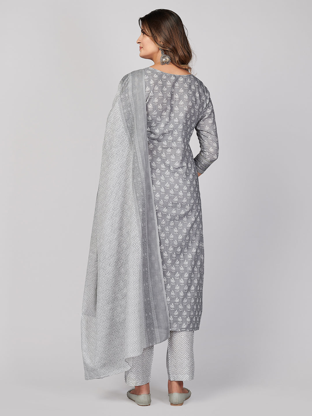 NOZ2TOZ Women's Printed & Embroidered Straight Cotton Grey Stitched Kurta Pant With Dupatta - Swadesiicart