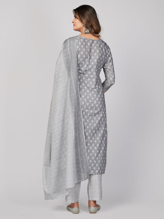 NOZ2TOZ Women's Printed & Embroidered Straight Cotton Grey Stitched Kurta Pant With Dupatta - Swadesiicart