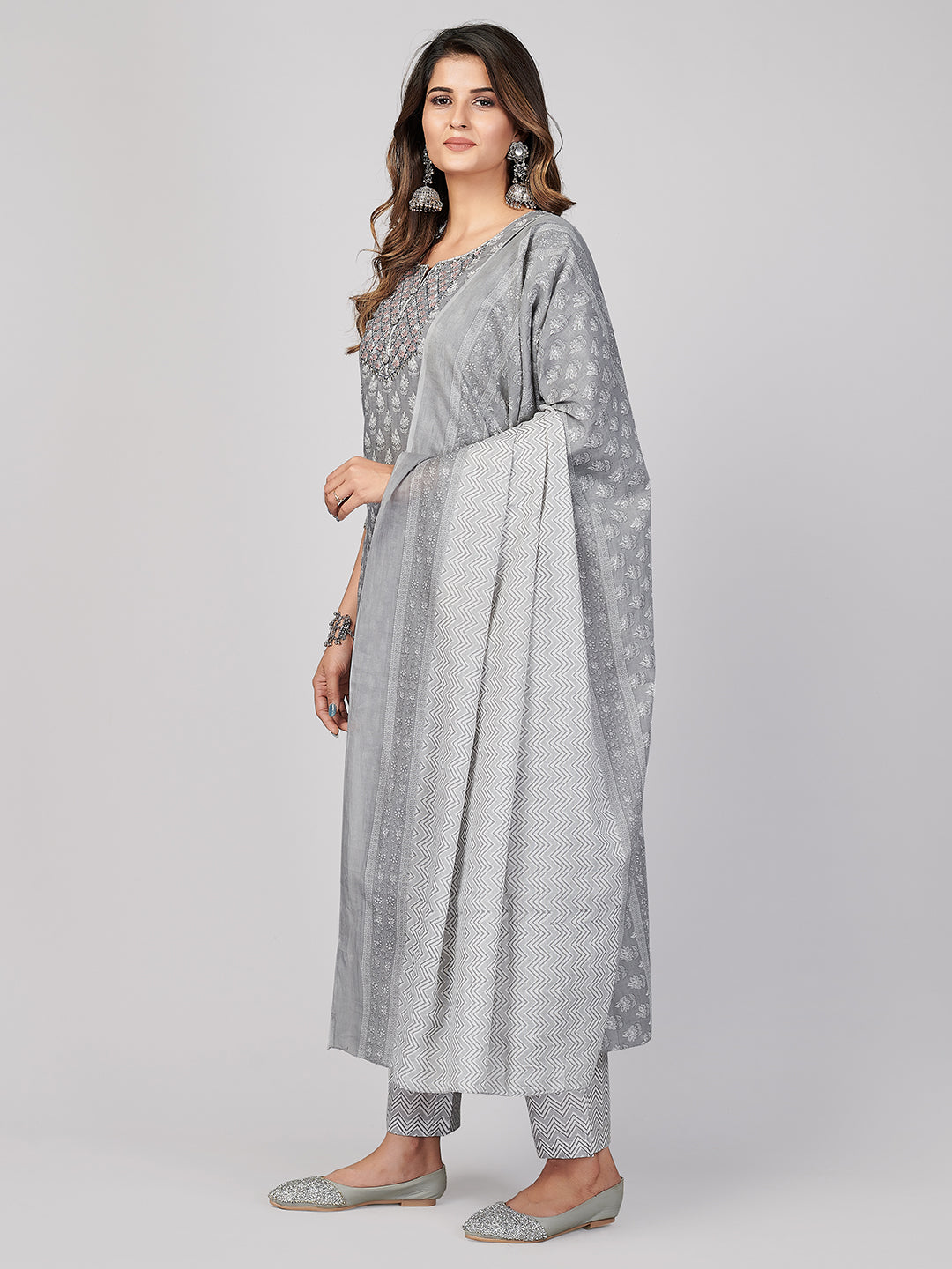 NOZ2TOZ Women's Printed & Embroidered Straight Cotton Grey Stitched Kurta Pant With Dupatta - Swadesiicart