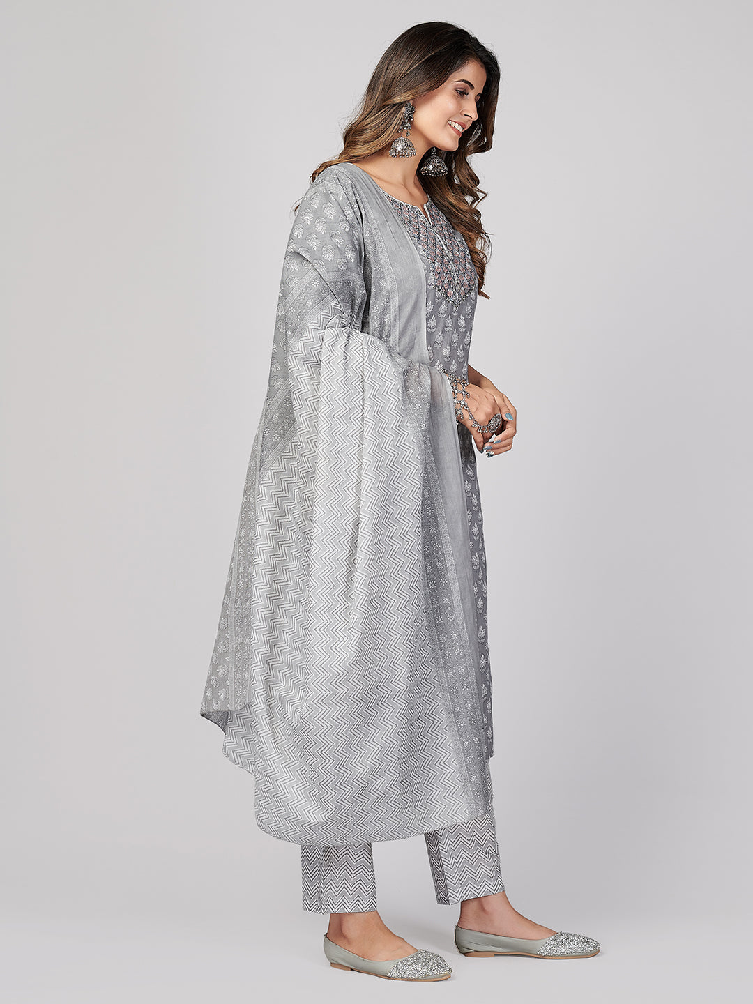 NOZ2TOZ Women's Printed & Embroidered Straight Cotton Grey Stitched Kurta Pant With Dupatta - Swadesiicart