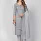 NOZ2TOZ Women's Printed & Embroidered Straight Cotton Grey Stitched Kurta Pant With Dupatta - Noz2Toz