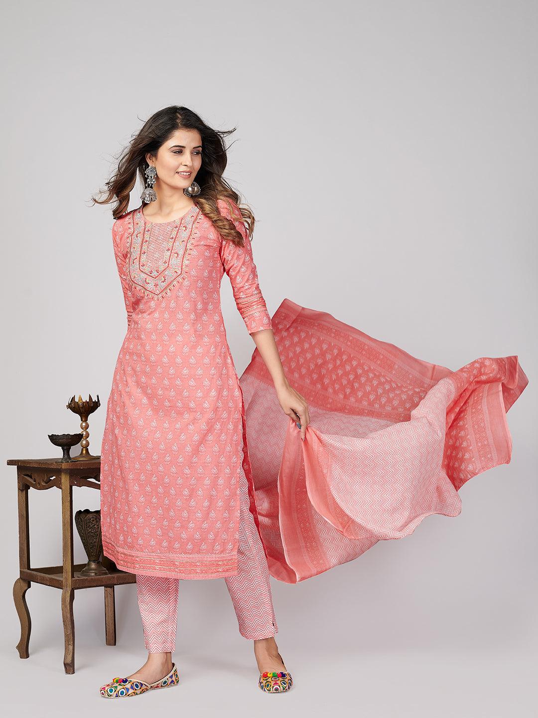 NOZ2TOZ Women's Printed & Embroidered Straight Cotton Pink Stitched Kurta Pant With Dupatta - Swadesiicart