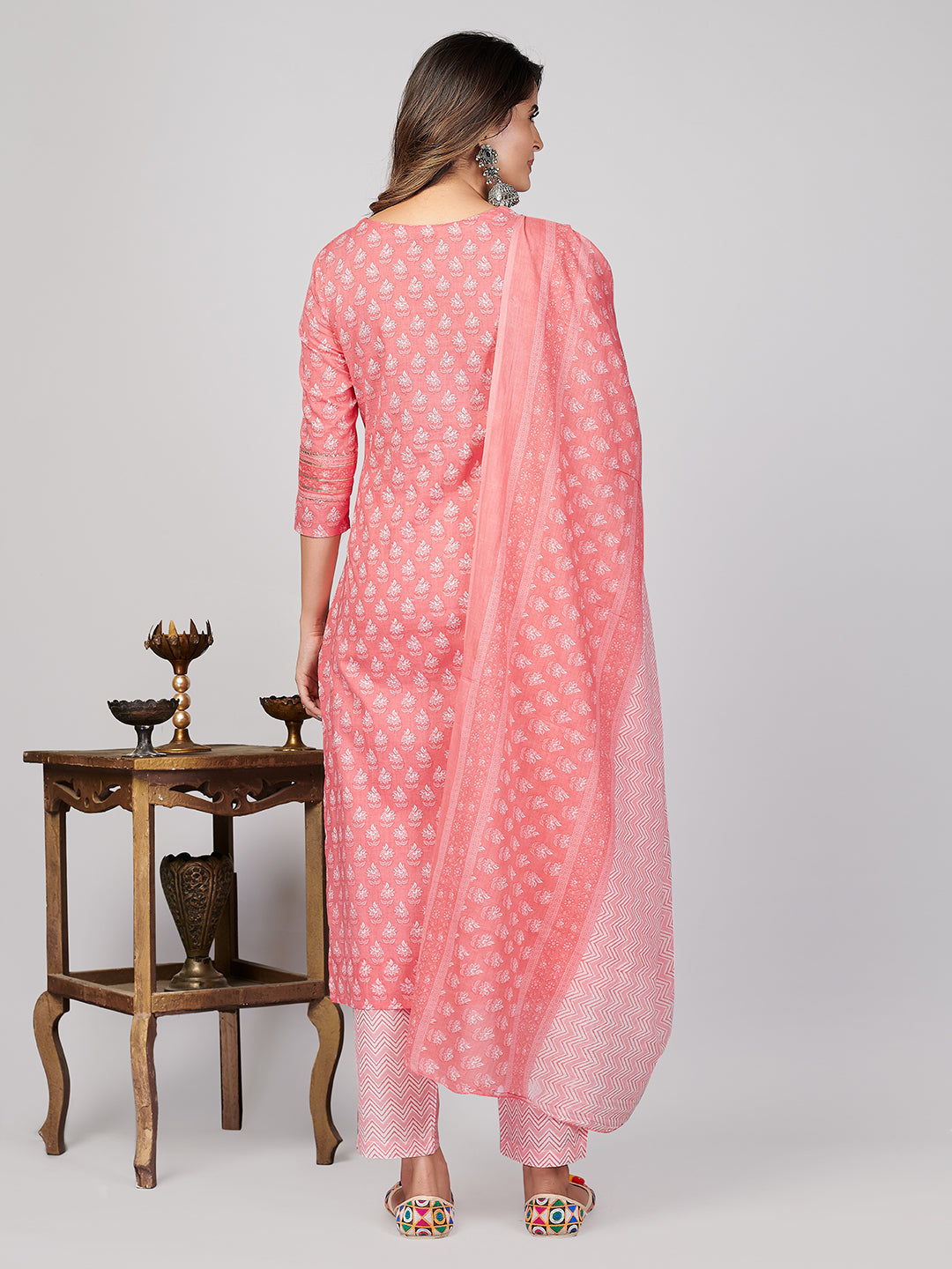 NOZ2TOZ Women's Printed & Embroidered Straight Cotton Pink Stitched Kurta Pant With Dupatta - Swadesiicart