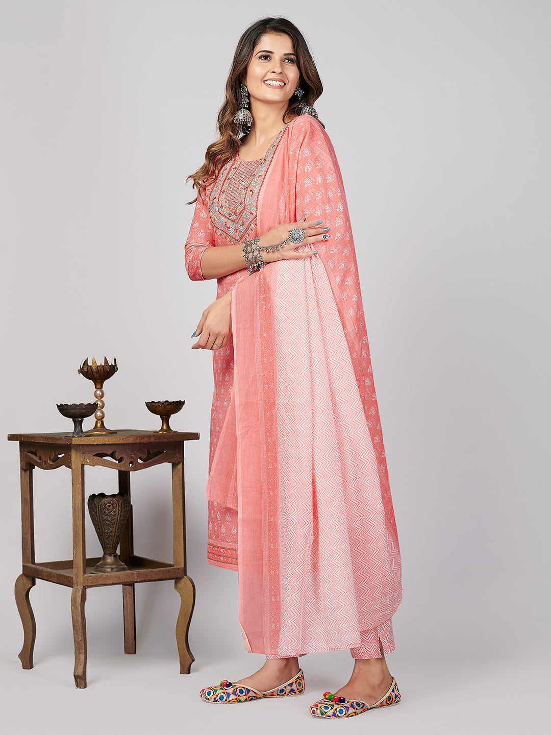NOZ2TOZ Women's Printed & Embroidered Straight Cotton Pink Stitched Kurta Pant With Dupatta - Swadesiicart