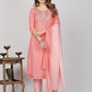 NOZ2TOZ Women's Printed & Embroidered Straight Cotton Pink Stitched Kurta Pant With Dupatta - Noz2Toz
