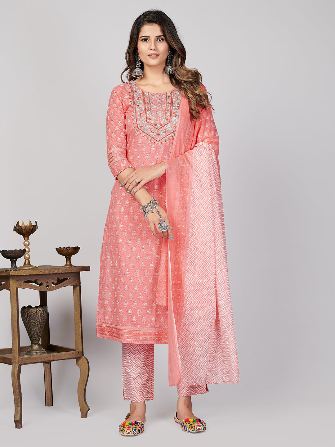 NOZ2TOZ Women's Printed & Embroidered Straight Cotton Pink Stitched Kurta Pant With Dupatta - Noz2Toz