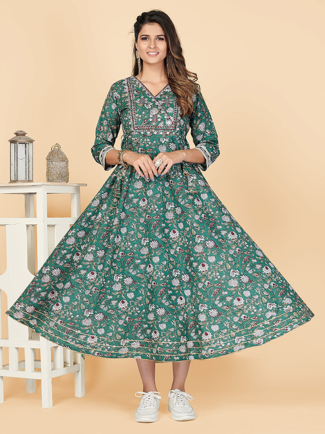 NOZ2TOZ Women's Green Printed Anarkali Cotton Kurta (1 Pc Set) - Swadesiicart