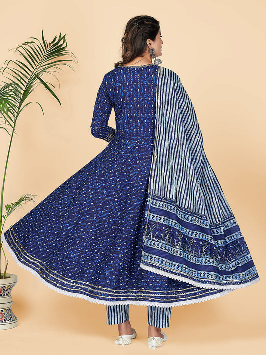 NOZ2TOZ Women's Printed & Hand Work Anarkali Cotton Blue Stitched Kurta Pant With Dupatta - Swadesiicart