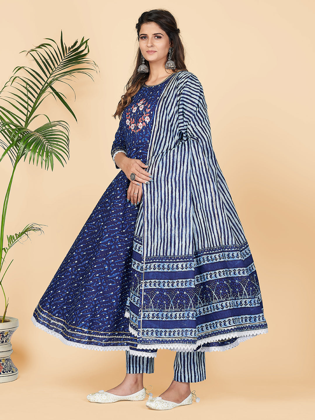 NOZ2TOZ Women's Printed & Hand Work Anarkali Cotton Blue Stitched Kurta Pant With Dupatta - Swadesiicart