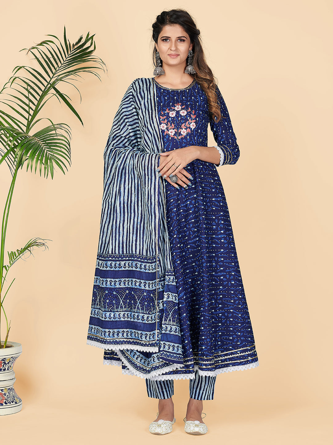 NOZ2TOZ Women's Printed & Hand Work Anarkali Cotton Blue Stitched Kurta Pant With Dupatta - Swadesiicart